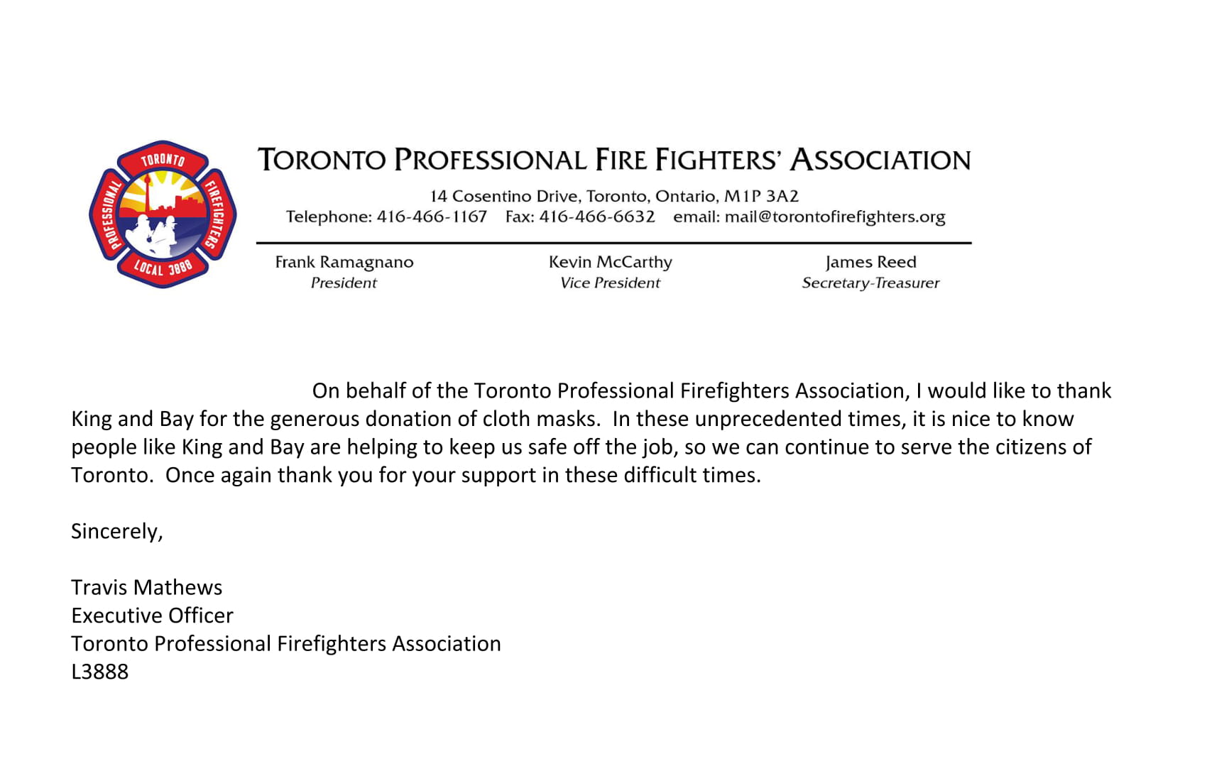 Toronto Professional Fire Fighters' Association thanks King & Bay for Mission2Mask donation