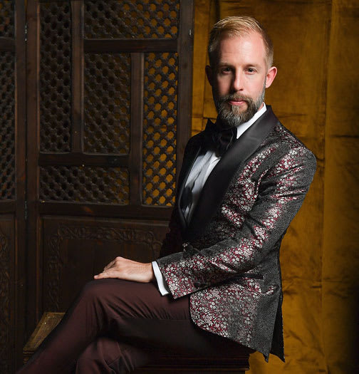 James Temple in a Raw Silk Jacquard Smoking Jacket